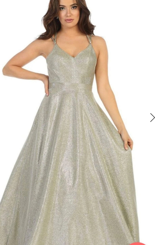 Royal Queen RQ7751 Metallic Silver Vneck A line Gown With Cutouts Sz 2